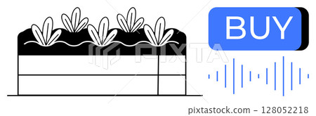 Schematic of crop field with soil layers and plants next to a blue voice-activated BUY button with sound waves. Ideal for agriculture tech, e-commerce, smart farming, IoT, AI applications Schematic of crop field with soil layers and plants next to a blue voice-activated BUY button with sound waves. Ideal for agriculture tech, e-commerce, smart farming, IoT, AI applications 128052218