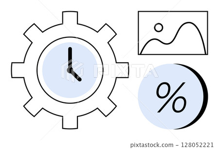 Gear with clock hands representing time management, landscape image symbolizing data visualization, and percentage sign for analysis and statistics. Ideal for productivity, efficiency, planning Gear with clock hands representing time management, landscape image symbolizing data visualization, and percentage sign for analysis and statistics. Ideal for productivity, efficiency, planning 128052221