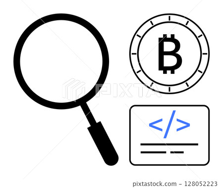 Magnifying glass representing investigation, Bitcoin symbol indicating cryptocurrency, and coding brackets suggesting software development. Ideal for research, blockchain analysis, cybersecurity Magnifying glass representing investigation, Bitcoin symbol indicating cryptocurrency, and coding brackets suggesting software development. Ideal for research, blockchain analysis, cybersecurity 128052223