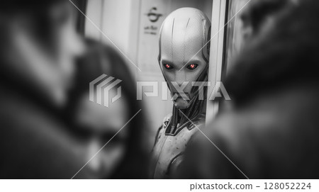 Futuristic robot stare with glowing red eyes stands in focus amidst blurred figures in black and white setting 128052224