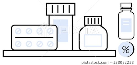 Medical supplies organized on a shelf with pill blister packs, different types of prescription bottles, vitamin jars, and medicine vials. Ideal for healthcare, pharmacy, drugstore, medical Medical supplies organized on a shelf with pill blister packs, different types of prescription bottles, vitamin jars, and medicine vials. Ideal for healthcare, pharmacy, drugstore, medical 128052238