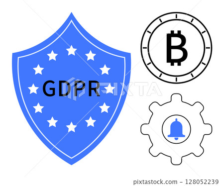 Shield labeled GDPR surrounded by stars, Bitcoin symbol in coin outline, and bell inside gearwheel. Ideal for data protection, cryptocurrency, security, privacy, regulation awareness, compliance 128052239