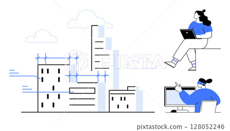 Construction site with building scaffolding, two individuals with laptops discussing urban planning remotely. Ideal for architecture, remote work, collaboration, urban development, technology 128052246