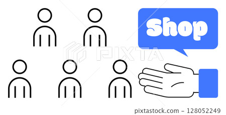 Five simple human figures and a hand pointing to a Shop sign in a speech bubble Ideal for retail marketing customer engagement sales promotions advertisements and online shopping. Minimalist vector 128052249