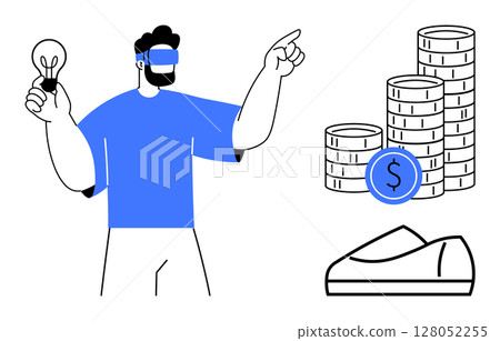 Man wearing VR headset holding light bulb, pointing upward next to stacks of coins and a wallet. Ideal for technology, innovation, finance, investment, startups, virtual reality, creative thinking 128052255