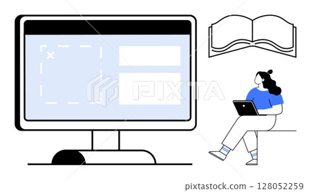Woman with laptop, large computer screen displaying design elements, and an open book. Ideal for education, online learning, graphic design, remote work, digital education, study resources Woman with laptop, large computer screen displaying design elements, and an open book. Ideal for education, online learning, graphic design, remote work, digital education, study resources 128052259