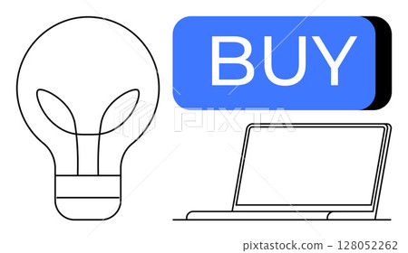 Light bulb representing an idea, laptop symbolizing technology, and a blue BUY button indicating e-commerce. Ideal for online shopping, digital marketing, innovation, user interface design, business Light bulb representing an idea, laptop symbolizing technology, and a blue BUY button indicating e-commerce. Ideal for online shopping, digital marketing, innovation, user interface design, business 128052262