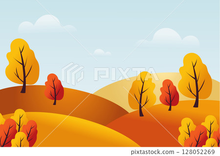 Vector autumn landscape with trees, fields, sky, and clouds. Warm seasonal colors create a cozy atmosphere. Perfect for postcards, posters, backgrounds, websites, and fall-themed design projects. 128052269