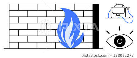 Firewall made of bricks, blue flame, laptop with cable, and an eye icon. Ideal for cybersecurity, IT support, online privacy, digital safety, data protection, internet security, and technology 128052272
