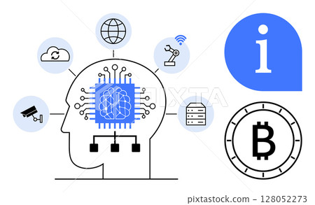 Circuit brain inside human head with surrounding icons network, cloud, robot, camera, storage, and cryptocurrency. Ideal for technology, AI, cybersecurity, robotics, cloud computing blockchain Circuit brain inside human head with surrounding icons network, cloud, robot, camera, storage, and cryptocurrency. Ideal for technology, AI, cybersecurity, robotics, cloud computing blockchain 128052273