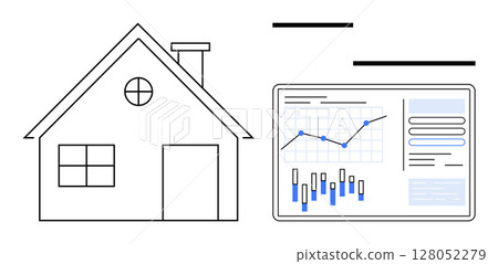House alongside an interactive data dashboard displaying graphs and metrics. Ideal for property market analysis, real estate trends, home valuation, investment insights, data visualization, financial 128052279
