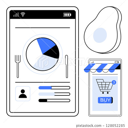 A smartphone screen with a health and nutrition app layout, showcasing a pie chart for diet tracking and an online shopping icon for food items. Minimalist and modern style. Ideal for fitness apps 128052285