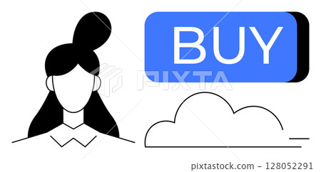 Person with a unique hairstyle and collar, large BUY button, and cloud at the bottom. Ideal for online shopping, e-commerce, digital marketing, consumer behavior studies, technology, modern commerce 128052291