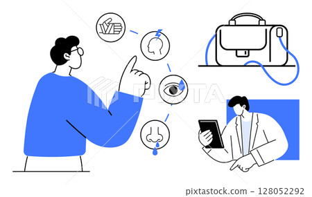 Person pointing at senses icons, professional holding a tablet, briefcase icon. Ideal for business, technology, healthcare, education, design, training, strategy concepts. Line metaphor Person pointing at senses icons, professional holding a tablet, briefcase icon. Ideal for business, technology, healthcare, education, design, training, strategy concepts. Line metaphor 128052292