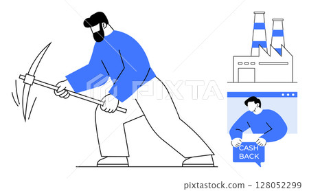 Man mining with a pickaxe. Beside him, factory building with two chimneys and a person holding a cash back sign. Ideal for industry, labor, finance, mining, economic benefits. Simple modern style Man mining with a pickaxe. Beside him, factory building with two chimneys and a person holding a cash back sign. Ideal for industry, labor, finance, mining, economic benefits. Simple modern style 128052299