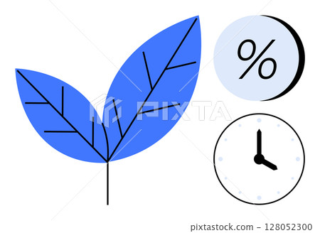 Blue leaf with veins, percentage sign in a circle, and clock face indicating 900. Ideal for topics on growth, time management, efficiency, productivity, sustainability, environmental awareness Blue leaf with veins, percentage sign in a circle, and clock face indicating 900. Ideal for topics on growth, time management, efficiency, productivity, sustainability, environmental awareness 128052300