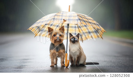 Dog and cat share an umbrella in the rain. Pet shelter, friendship, and protection from bad weather. 128052308