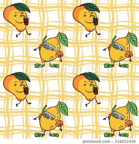 Funny seamless pattern with hand drawn lemons in diving masks and mangoes drinking juice on a yellow grid background 128052436