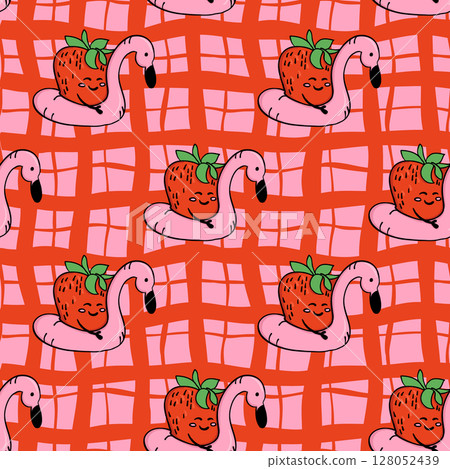 Funny seamless pattern with hand drawn strawberries relaxing on pink flamingo pool floats over a red grid background Funny seamless pattern with hand drawn strawberries relaxing on pink flamingo pool floats over a red grid background 128052439