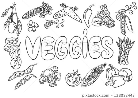 Hand drawn black and white set of various vegetables around big veggies lettering on white background Hand drawn black and white set of various vegetables around big veggies lettering on white background 128052442