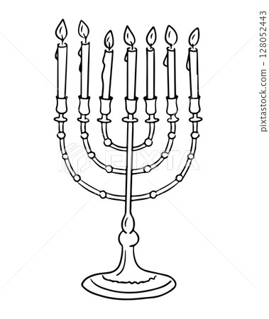 Hand drawn black and white menorah with seven lit candles isolated on white background Hand drawn black and white menorah with seven lit candles isolated on white background 128052443