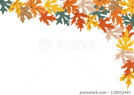 Hand drawn corner frame of colorful autumn oak leaves in orange, yellow, green and brown on white background 128052445