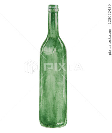 Watercolor illustration of a tall green glass bottle. Hand-painted, artistic and realistic depiction of an empty wine or olive oil bottle. Perfect for culinary, eco, or packaging designs. 128052489