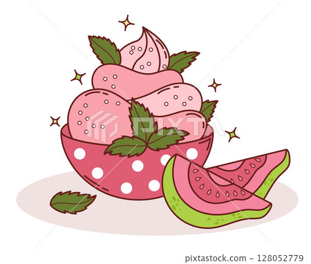 Guava Creamy sweet dessert ice cream in polka dot plate with Mint leaves and tropical Pink fruit slices. Vector Illustration. Exotic food, perfect for summer, menu design, packaging and healthy themes 128052779