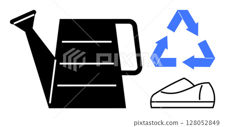Watering can, blue recycling symbol, and pair of shoes suggest sustainability and eco-conscious practices. Ideal for green living, environmental awareness, waste reduction, water conservation 128052849