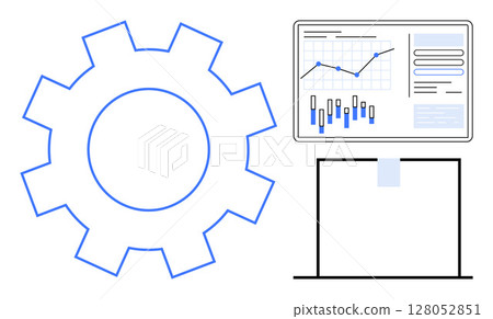 Large blue gear adjacent to a digital chart displaying analytical data trends, placed above a blank document. Ideal for tech operations, data analysis, business planning, process optimization 128052851