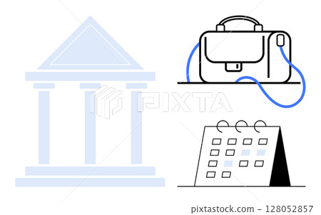 Bank building outline, briefcase with strap, and stand-up calendar with grid layout. Ideal for finance, business planning, scheduling, project management, corporate meetings, time management, work 128052857
