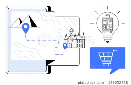 Tablet featuring a digital map with location pin, mountain, and castle. Includes icons of a shopping cart, lightbulb with luggage. Ideal for travel technology, trip planning, e-commerce, creativity Tablet featuring a digital map with location pin, mountain, and castle. Includes icons of a shopping cart, lightbulb with luggage. Ideal for travel technology, trip planning, e-commerce, creativity 128052858