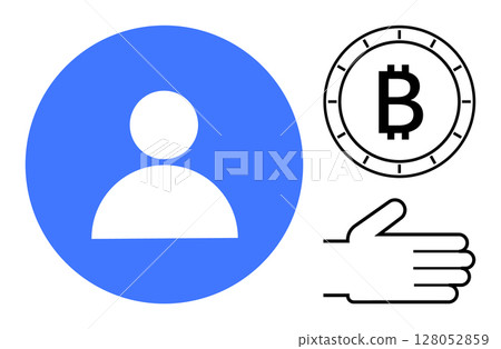 Profile icon circle, Bitcoin symbol coin, open hand gesture. Ideal for digital identity, cryptocurrency, financial transactions, online profiles, payment systems, blockchain technology. Line metaphor Profile icon circle, Bitcoin symbol coin, open hand gesture. Ideal for digital identity, cryptocurrency, financial transactions, online profiles, payment systems, blockchain technology. Line metaphor 128052859