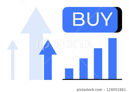 Arrows pointing upwards, bar graph increasing, BUY button above. Ideal for business growth, financial success, stock markets, investment opportunities, online shopping, marketing strategies, economic 128052861