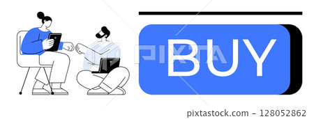 Two people using digital devices to discuss a purchase, alongside a large blue BUY button. Ideal for e-commerce, online shopping, digital transactions, marketing, business strategy, technology, user 128052862