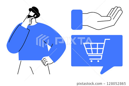 Man thinking with hand on chin, shopping cart in speech bubble, and open palm icon. Ideal for e-commerce, online shopping, decision-making, retail strategy, consumer behavior, digital marketing. Line 128052865