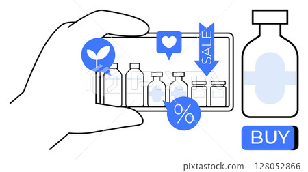 Hand holding smartphone displaying various supplement bottles, social media icons, and sale tags. Ideal for e-commerce, health, social media marketing, digital shopping, fitness, technology Hand holding smartphone displaying various supplement bottles, social media icons, and sale tags. Ideal for e-commerce, health, social media marketing, digital shopping, fitness, technology 128052866