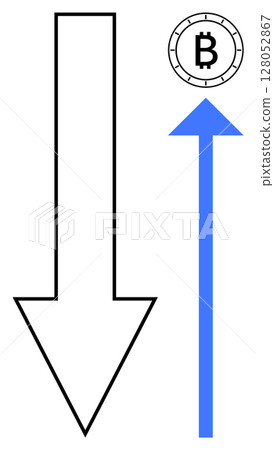 Black downward arrow beside blue upward arrow pointing to Bitcoin symbol. Ideal for financial trends, market analysis, cryptocurrency volatility, investment strategies, economic forecasts, technology Black downward arrow beside blue upward arrow pointing to Bitcoin symbol. Ideal for financial trends, market analysis, cryptocurrency volatility, investment strategies, economic forecasts, technology 128052867