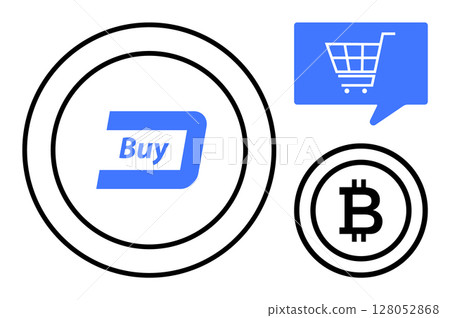 Cryptocurrency symbols including Bitcoin and Dash, a shopping cart inside a blue speech bubble, and a Buy button. Ideal for fintech apps, digital payments, online shopping, investment platforms Cryptocurrency symbols including Bitcoin and Dash, a shopping cart inside a blue speech bubble, and a Buy button. Ideal for fintech apps, digital payments, online shopping, investment platforms 128052868