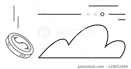 Coin with dollar symbol near abstract cloud, lines, and dots suggesting digital transactions or cloud finance services. Ideal for fintech, cloud computing, data backup, online transactions 128052884