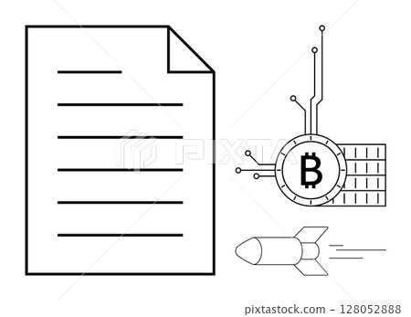 A white paper with text lines is shown next to a Bitcoin symbol with digital circuitry and a rocket. Ideal for blockchain, cryptocurrency, digital economy, technology innovation, finance trends 128052888