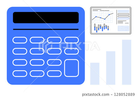 Large blue calculator, interactive graphing dashboard, and ascending bar chart. Ideal for financial analysis, business reports, accounting, economic studies, budgeting, data visualization Large blue calculator, interactive graphing dashboard, and ascending bar chart. Ideal for financial analysis, business reports, accounting, economic studies, budgeting, data visualization 128052889