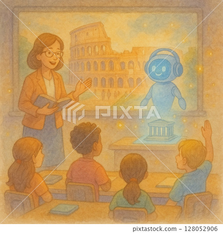 AI歷史老師的沉浸式教學｜孩子們探索古文明｜教育×科技水彩插圖 128052906