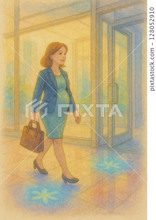 孕婦自信地走向辦公室 | 職場媽媽的堅強日常生活 | 溫暖的水彩插畫,描繪了一位上班族孕婦走向辦公室的場景 | 工作與媽媽 孕婦自信地走向辦公室 | 職場媽媽的堅強日常生活 | 溫暖的水彩插畫,描繪了一位上班族孕婦走向辦公室的場景 | 工作與媽媽 128052910