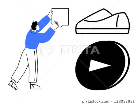 Person reaching for speech bubble, shoe silhouette, and play button symbol. Ideal for communication, fashion, multimedia, social media, technology, marketing, and user interaction. Line metaphor 128052951