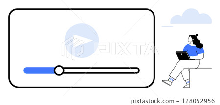 Video player with progress bar and play button, woman seated using a tablet. Ideal for digital media, online learning, video streaming, technology, remote work, entertainment, social media content Video player with progress bar and play button, woman seated using a tablet. Ideal for digital media, online learning, video streaming, technology, remote work, entertainment, social media content 128052956