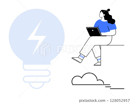 Woman sitting on edge with laptop, accompanied by a large lightbulb symbolizing ideas and a cloud. Ideal for creativity, brainstorming, innovation, remote work, productivity, tech culture 128052957