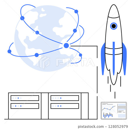 Rocket launching beside a globe with connected nodes, data servers, and analytics screen. Ideal for technology, connectivity, innovation, data analysis, space exploration, global reach, network 128052979