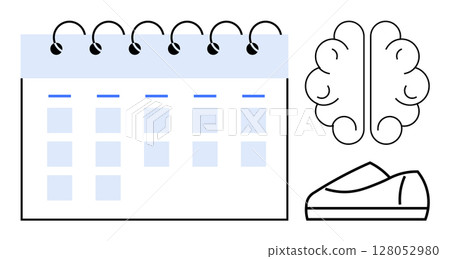 Calendar with spirals, stylized brain icon, and single shoe. Ideal for time management, mental health, fitness planning, routine scheduling, personal development, cognitive training, and self-care 128052980