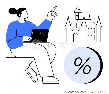 Person in blue sweater using laptop and pointing up, nearby detailed medieval castle, large percent symbol within circle. Ideal for property investment, education, tourism, history, architecture 128052982